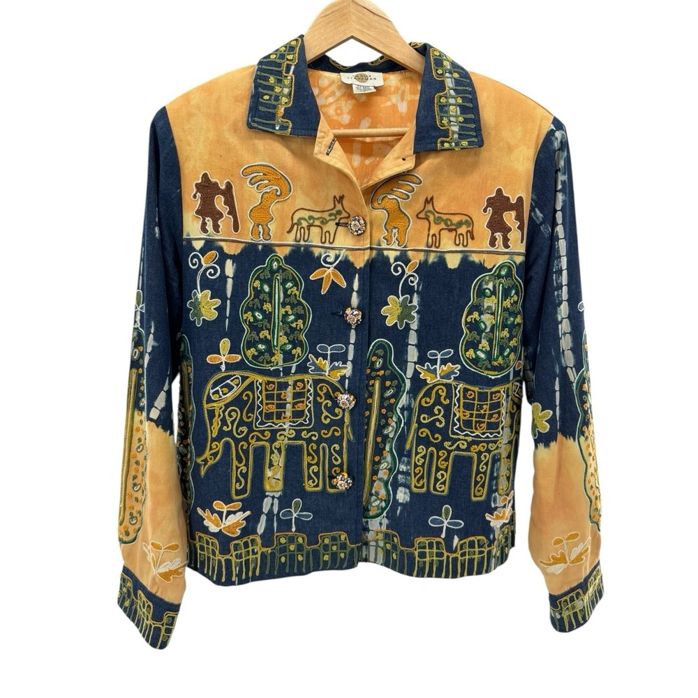 Vtg Sandy Starkman Tie Dye Embroidered Elephant Boho Jacket L Artsy Boho Hippie‎